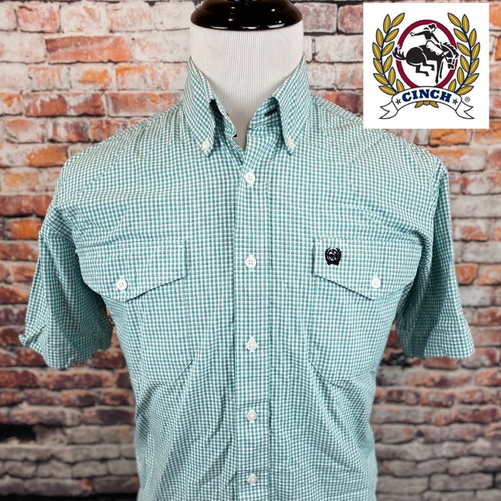 Cinch Small Check Button-Down Shirt in Mint Green and White